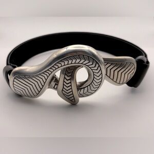 Chico’s Women’s Adjustable Black Belt with Silver-Toned Statement Buckle Sz Sm